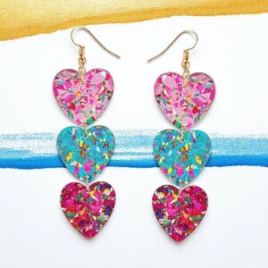 🆕 Colorful Triple Heart Dangle Earrings | Sequin Acrylic Statement 🩷💙